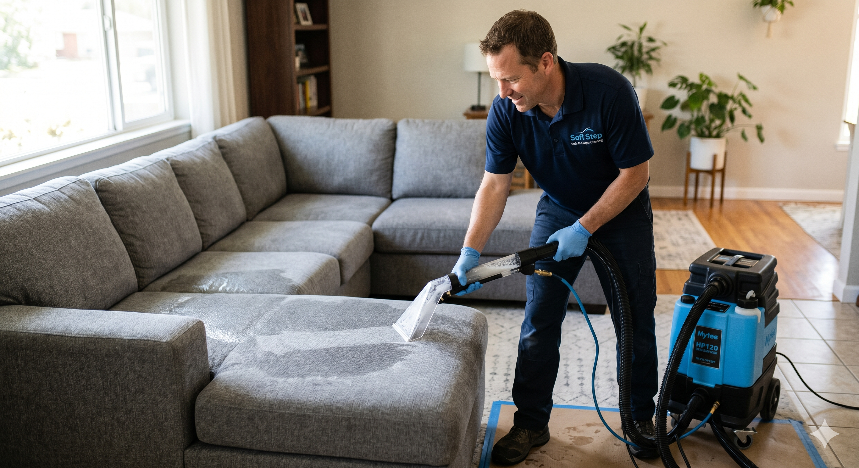 Professional cleaner cleaning sofa