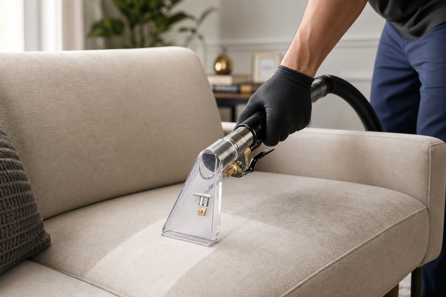 Professional cleaner cleaning sofa